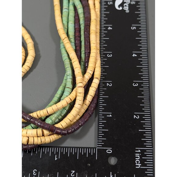 Tribal Yellow Green Brown Stacked Wood Bead Mulit Strand Long Necklace 28" - Picture 8 of 8